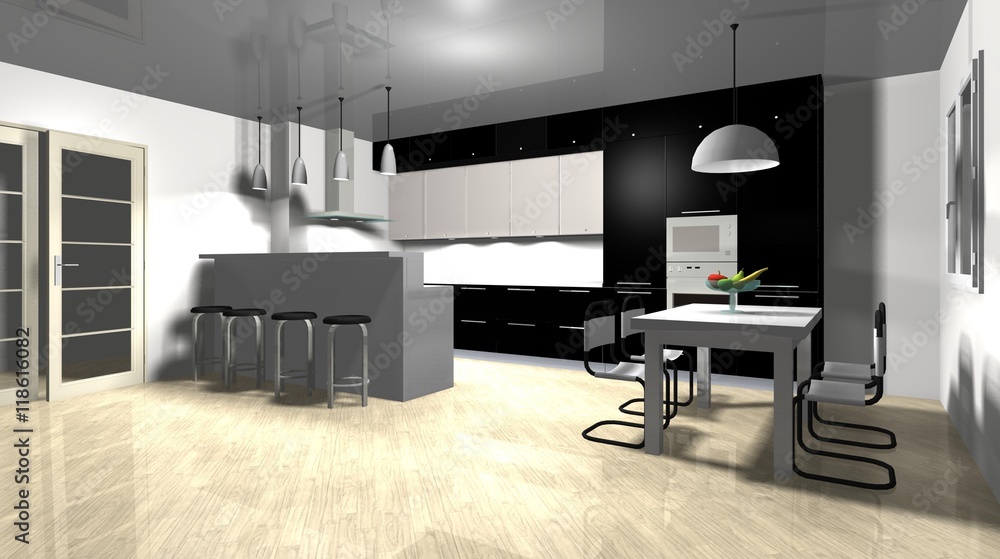 3D rendering interior design white black kitchen 3D rendering interior design white black kitchen