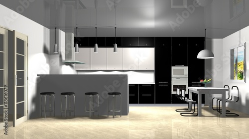 3D rendering interior design black white kitchen
