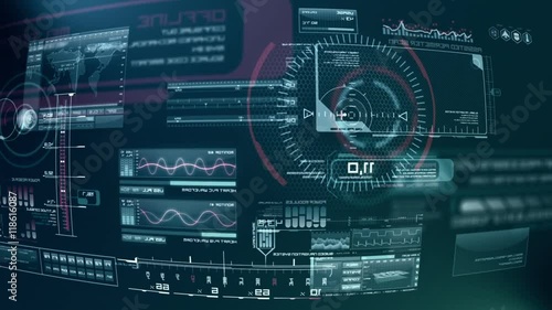 System start. Robot hand pressing screen with futuristic software interface. 