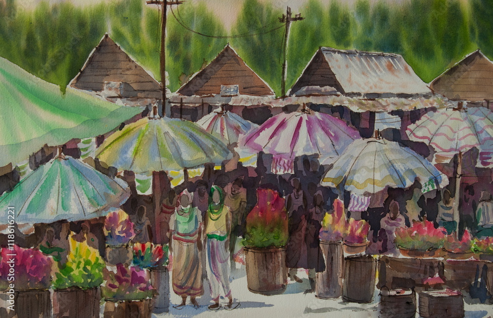 Local market in countryside of Thailand, watercolor painting