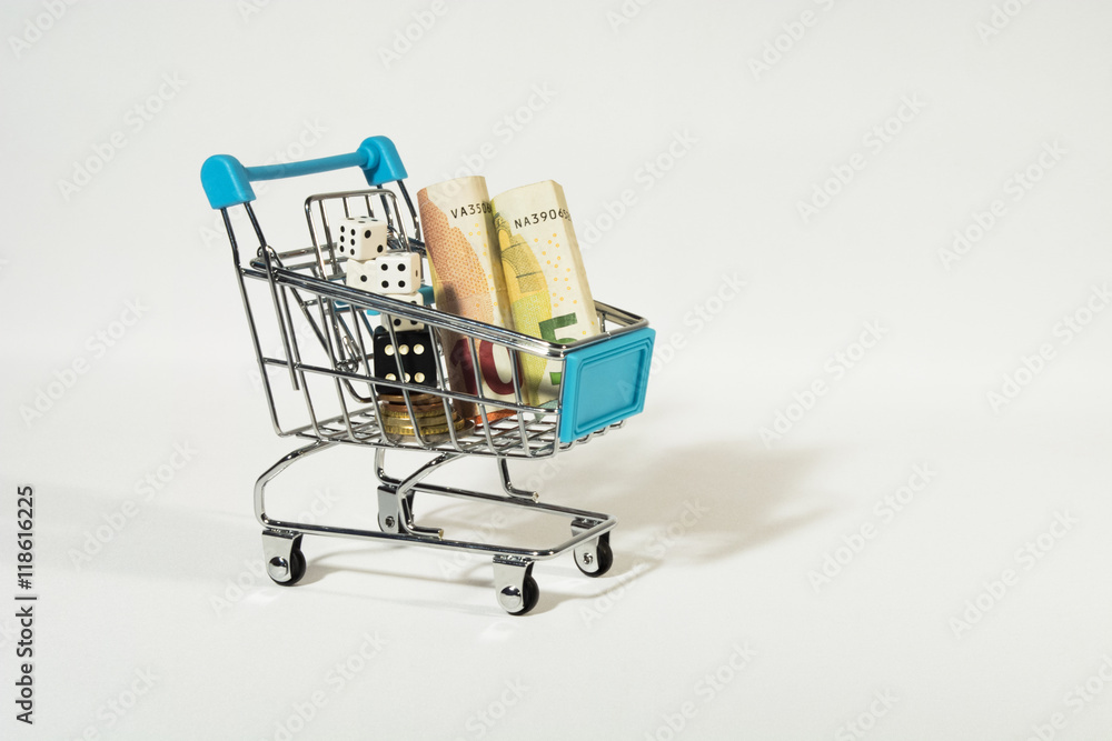 Shopping Cart with Euro Bills and Coins plus Black and White Dices Isolated on White Background