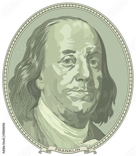 Portrait of Benjamin Franklin from 100 dollars banknote. Macro isolated. Vector illustration