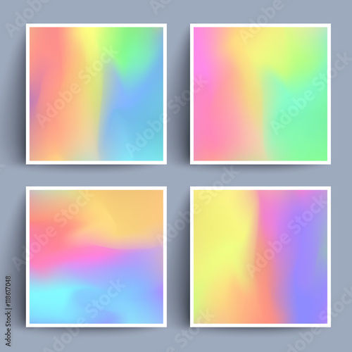 Fluid colors backgrounds set. Holographic effect. Applicable for gift card,cover,poster,brochure,magazine. Vector template. © plasteed