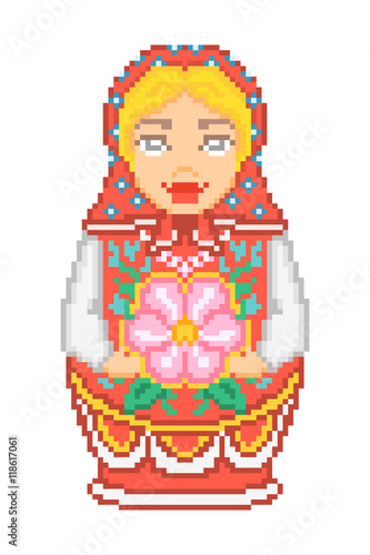 Pixel art traditional national russian matryoshka doll icon