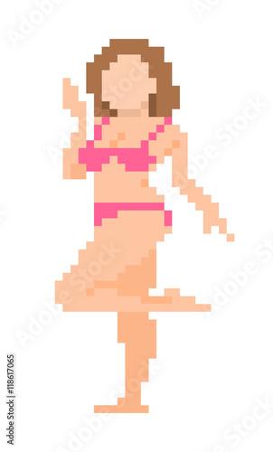 Pixel art curvy woman posing in pink bra and panties