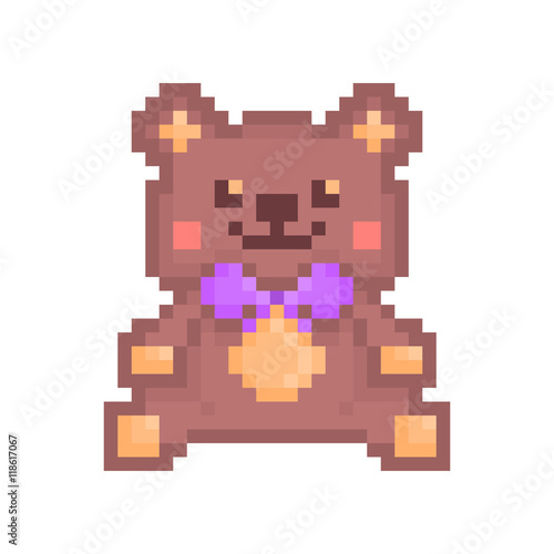 Pixel art sitting brown toy bear icon