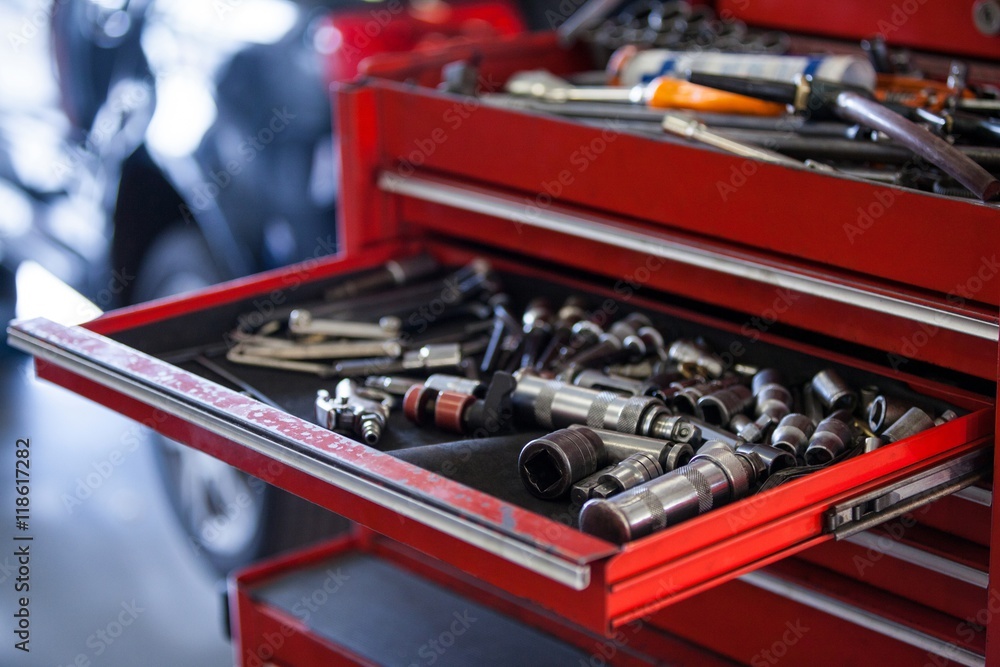 Set of work tools in toolbox Set of work tools in toolbox