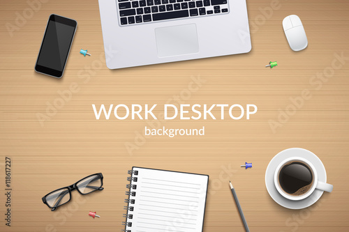 Office desk table with laptop, glasses, notebook, pencil, mouse, phone and coffee cup. Top view with copy space. Eps10 vector template.