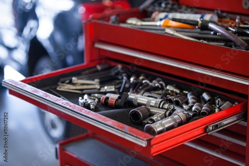 Set of work tools in toolbox photo