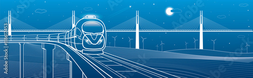 Train goes over the railway on the background of cable-stayed bridge and wind turbines, transportation and technology illustration, vector design art