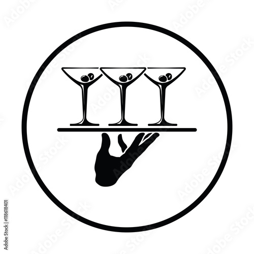 Waiter hand holding tray with martini glasses icon