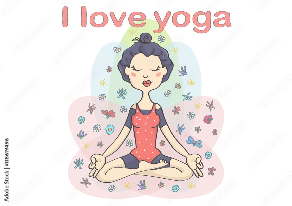 Cute Asian young woman or girl doing yoga. Colorful vector drawing of yoga perfect position. Cute Asian young woman or girl doing yoga. Colorful vector drawing of yoga perfect position.
