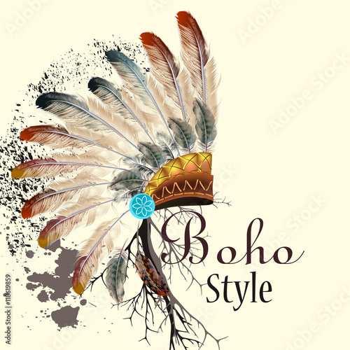 Vector tribal design in boho style. Headdress with feathers