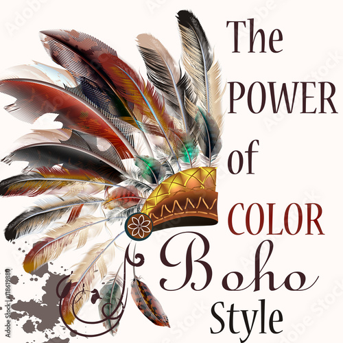 Vector tribal design in boho style. Headdress with feathers