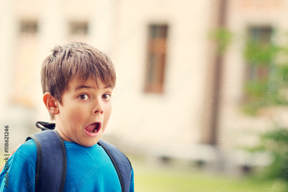 Boy with rucksack infront of a school building. Child with a backpack ...