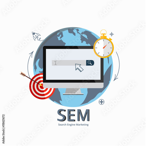 Flat design style modern vector illustration concept of SEM - Search Engine Marketing,digital marketing, creative business internet strategy and market promotion development.