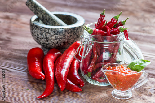 Glass jar with red chili habanero peppers on old wooden table