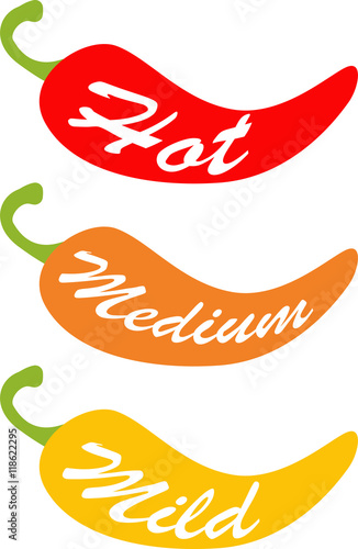 Drei Chilis in rot orange und gelb für hot, medium und mild