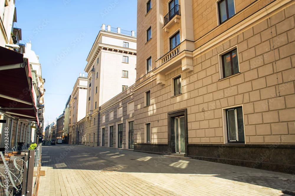 Street without people early in the morning. Europe. Riga