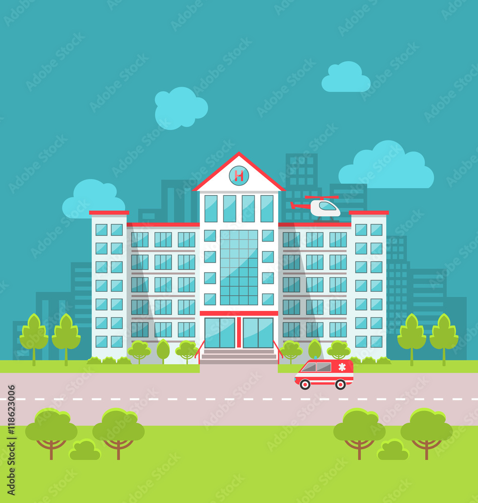 City Hospital Building with Ambulance in Flat Style. Cityscape City Hospital Building with Ambulance in Flat Style. Cityscape
