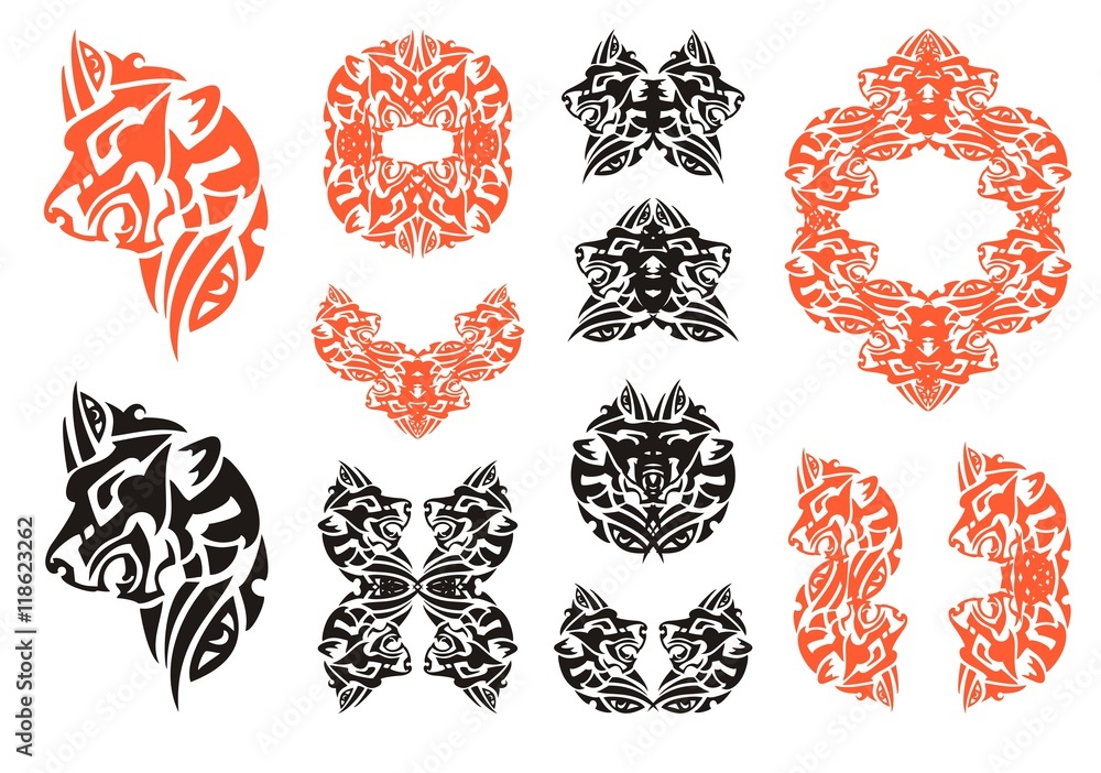 Red and black lion head symbols in tribal style. The growling lion's head - a set of tattoos and decorative elements for your design