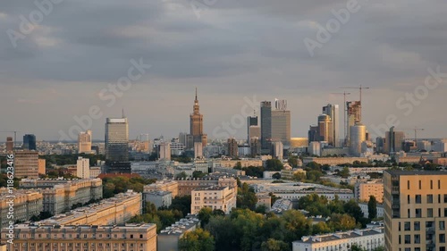 Warsaw city center at sunset - timelapse, zoom in