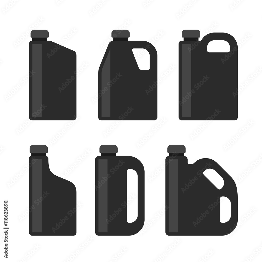 Blank Black Plastic Canisters Icons Set for Motor Machine Oil. Vector Blank Black Plastic Canisters Icons Set for Motor Machine Oil. Vector
