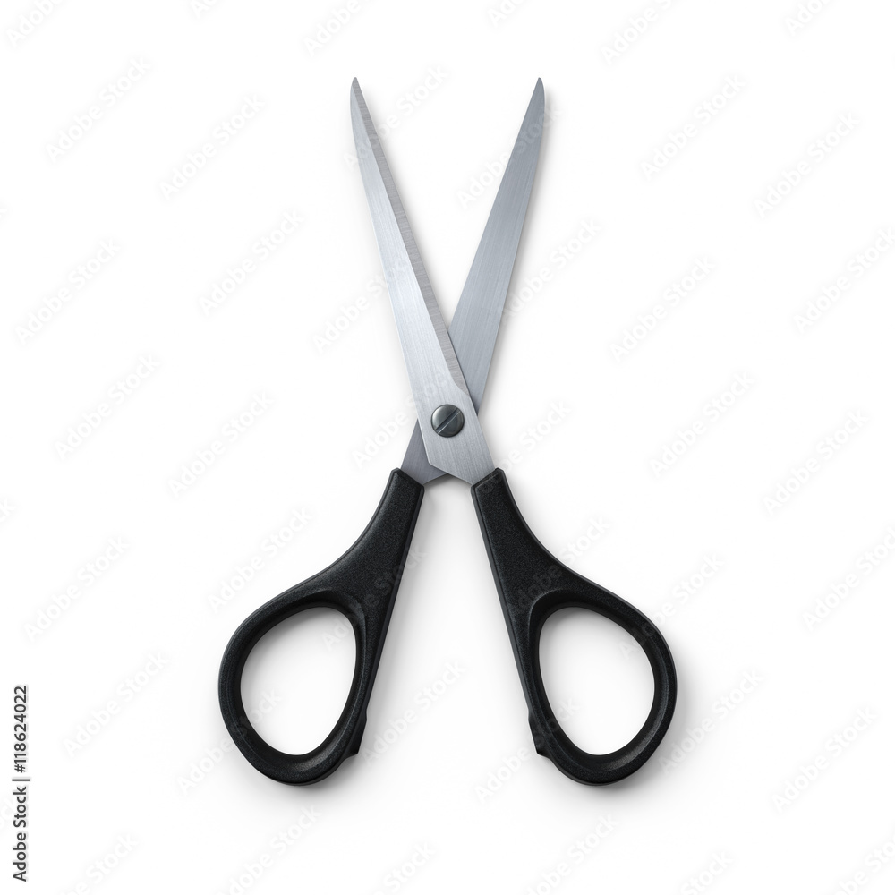 Scissors - opened.3D rendering.Isolated on white background.Top view. Scissors - opened.3D rendering.Isolated on white background.Top view.