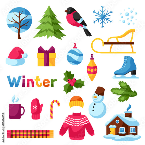 Set of winter objects. Merry Christmas, Happy New Year holiday items and symbols