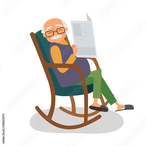 Old man with papernews in her rocking chair