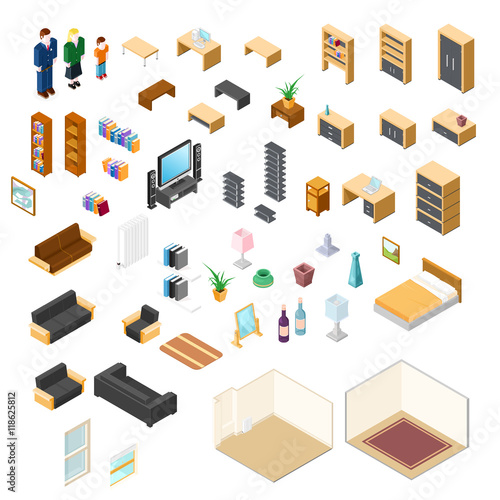 Vector illustration of isometric furniture elements and objects Icon Set.
