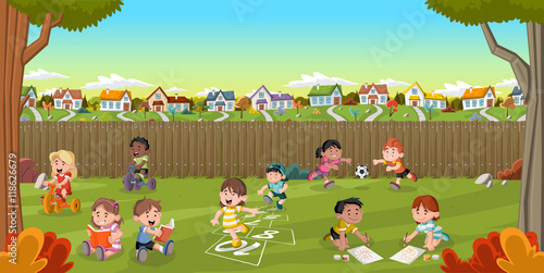 Backyard of a colorful house in suburb neighborhood with cartoon kids playing. Green park landscape with grass, trees, and houses.

