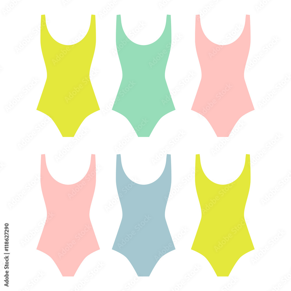 Woman swimsuits collection. Multicolored female swimsuit flat style. Simple swimsuit for summer. Vector icon illustration. Woman swimsuits collection. Multicolored female swimsuit flat style. Simple swimsuit for summer. Vector icon illustration.