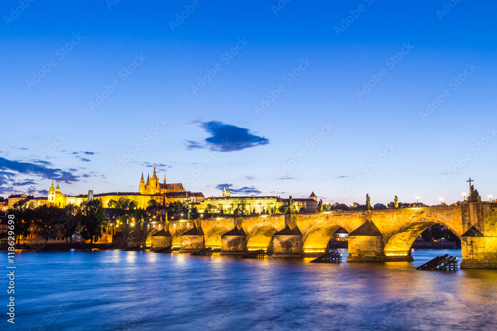 Prague panorama with Prague Castle, Charles bridge, Vltava river and historical architecture. Concept of Europe travel, sightseeing and tourism.
