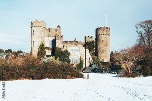 Canvas Print Malahide Castle in snow, Co. Dublin, Ireland.