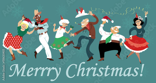 Mature people dressed in traditional Western clothes dancing at Christmas Square Dance party, EPS 8 vector illustration