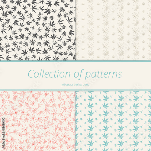 Set of seamless patterns with leaves of marijuana. Vector illustration.
