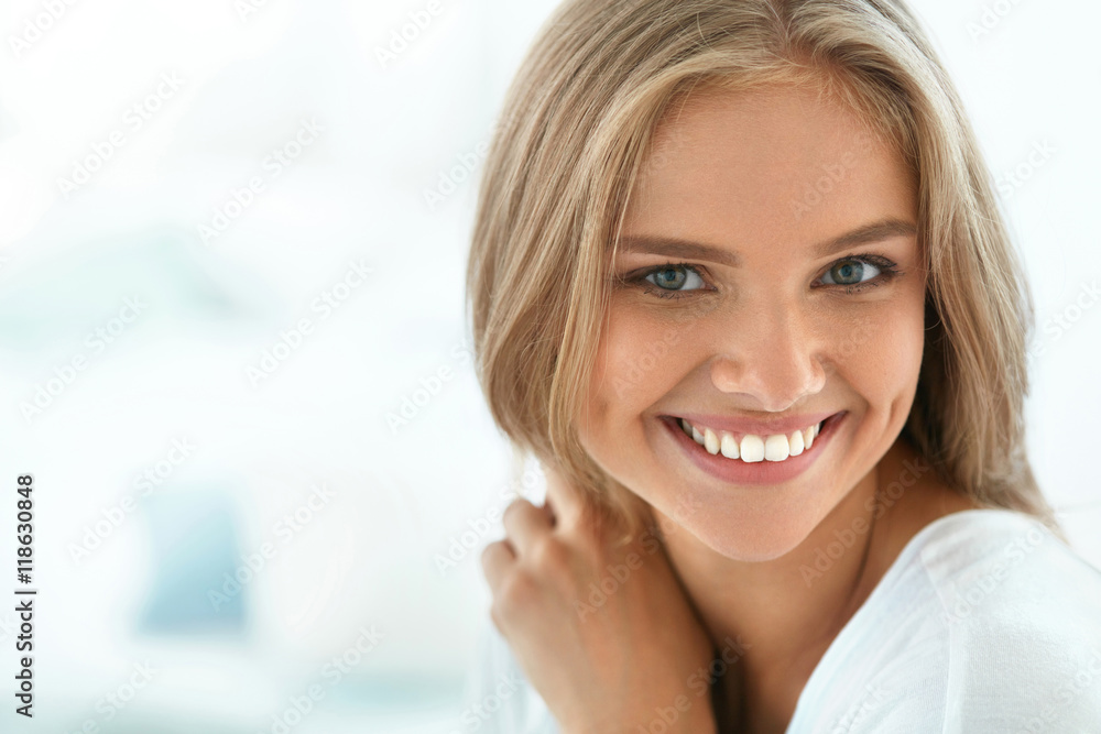 Portrait Beautiful Happy Woman With White Teeth Smiling. Beauty. High Resolution Image - obrazy, fototapety, plakaty 