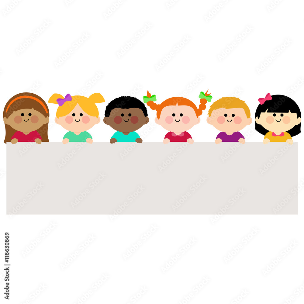 Group of children holding a blank banner. Vector illustration Group of children holding a blank banner. Vector illustration