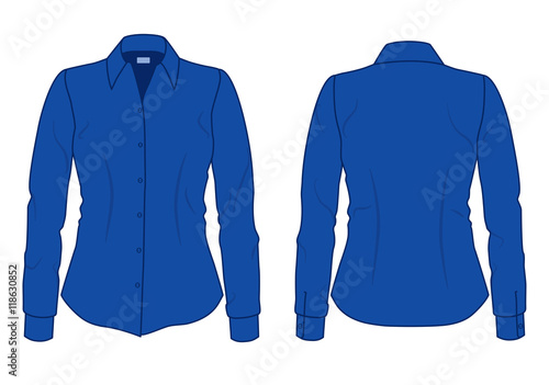 Women's blue shirt with long sleeves template, front and back view