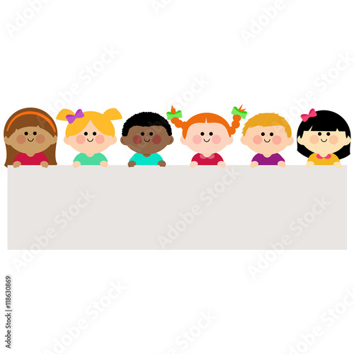 Group of children holding a blank banner. Vector illustration
