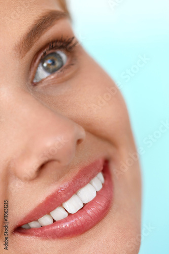 Beautiful Smile. Smiling Woman Face With White Teeth  Full Lips. High Resolution Image