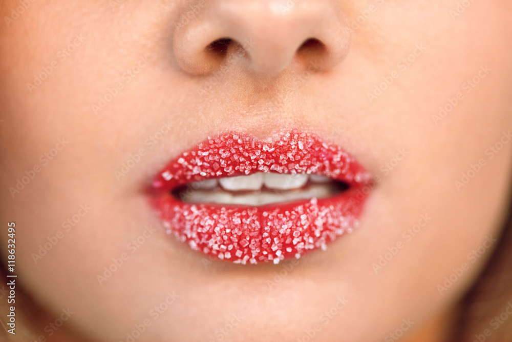 Lip Care. Closeup Of Beautiful Woman Lips With Sugar Lip Scrub Lip Care. Closeup Of Beautiful Woman Lips With Sugar Lip Scrub