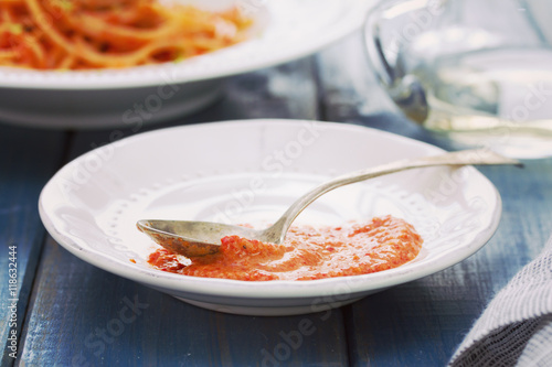 sauce on white dish with spoon