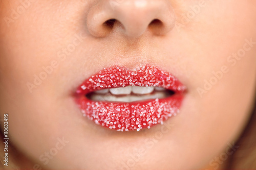 Lip Care. Closeup Of Beautiful Woman Lips With Sugar Lip Scrub