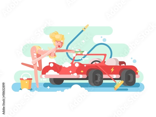 Sexy girl washing a car