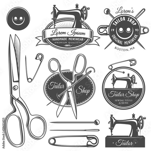 Set of vintage monochrome tailor tools and emblems. Designer toolkit. Perfect for logo, label, emblems and other signs