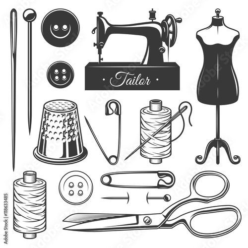 Set of vintage monochrome tailor tools. Designer toolkit. Perfect for logo, label, emblems and other signs