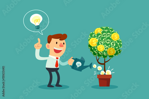 businessman watering money tree with idea bulbs