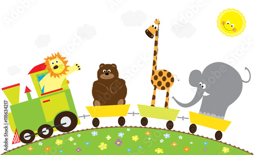 happy  cute cartoon animals a and nice coloroful train on white background